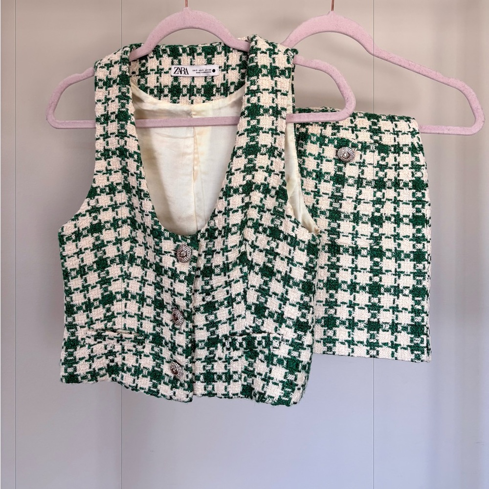 Zara Green and White Tweed Vest and Skirt Set